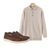 Men's Cashmere Polo and Suede Loafer Ensemble — Oatmeal