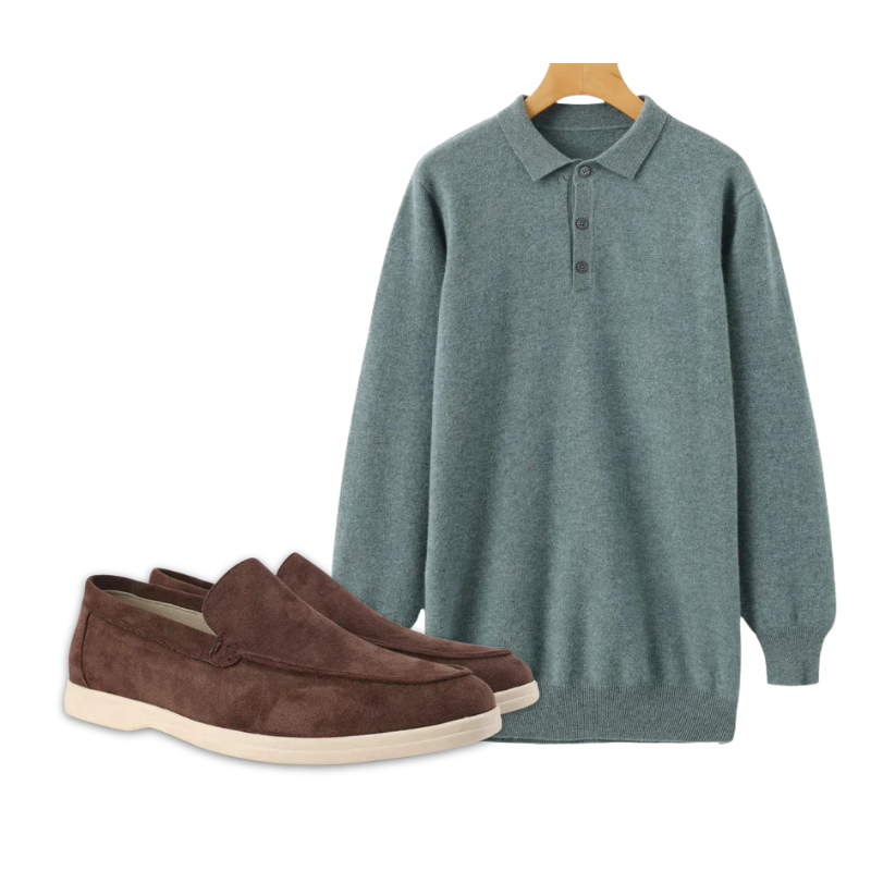 Men's Cashmere Polo and Suede Loafer Ensemble — Sage Green