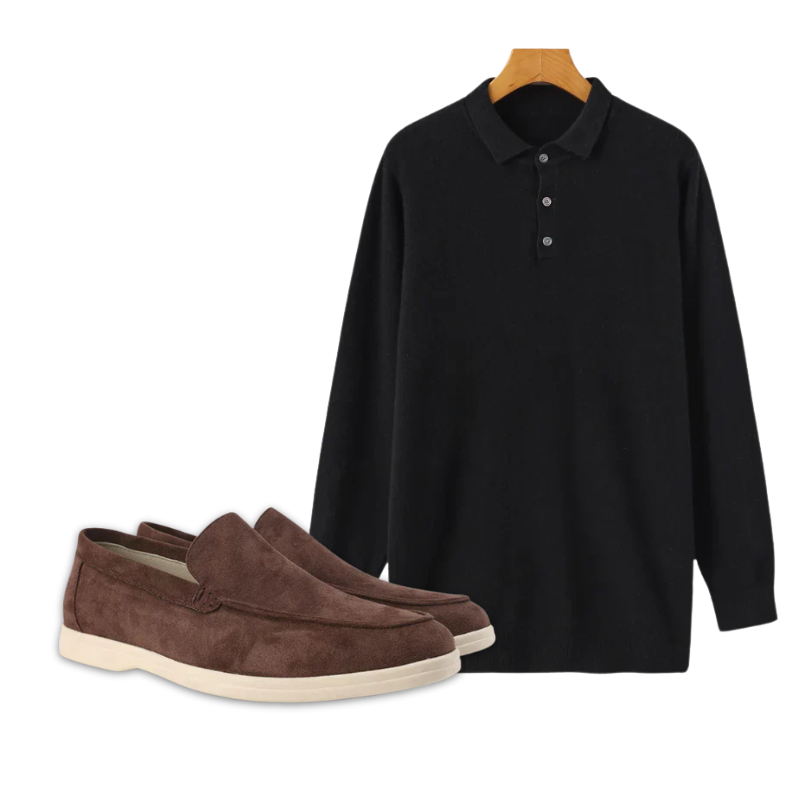 Men's Cashmere Polo and Suede Loafer Ensemble — Black