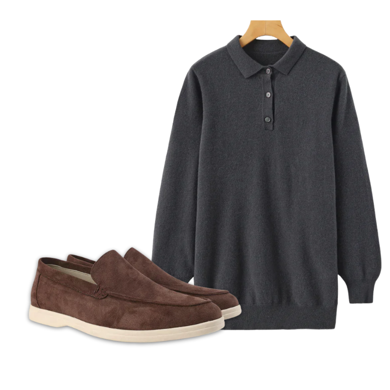 Men's Cashmere Polo and Suede Loafer Ensemble — Charcoal