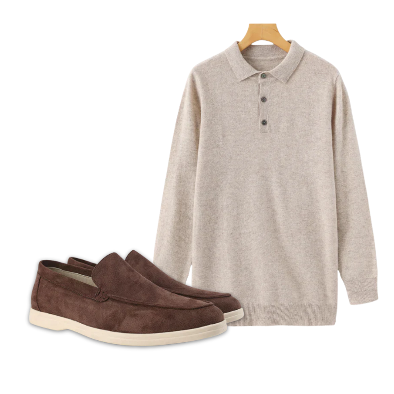 Men's Cashmere Polo and Suede Loafer Ensemble — Oatmeal