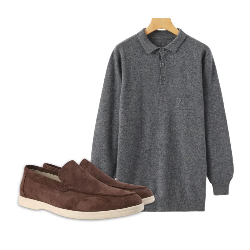 Men's Cashmere Polo and Suede Loafer Ensemble — Grey