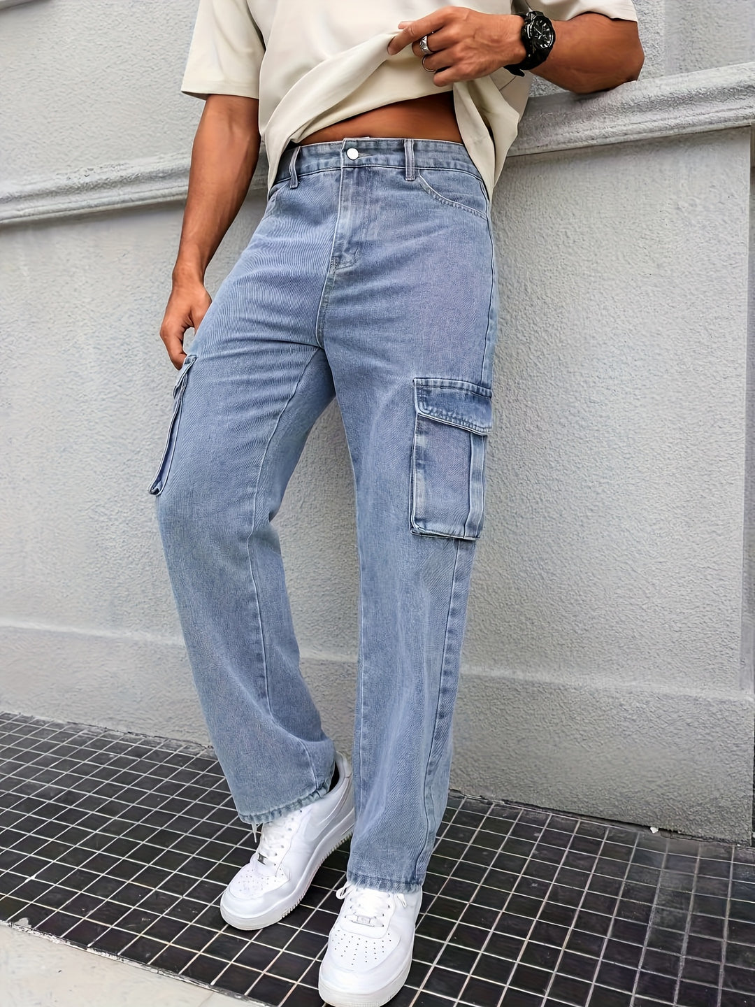 Denim | Men's Light Blue Relaxed Cargo Jeans