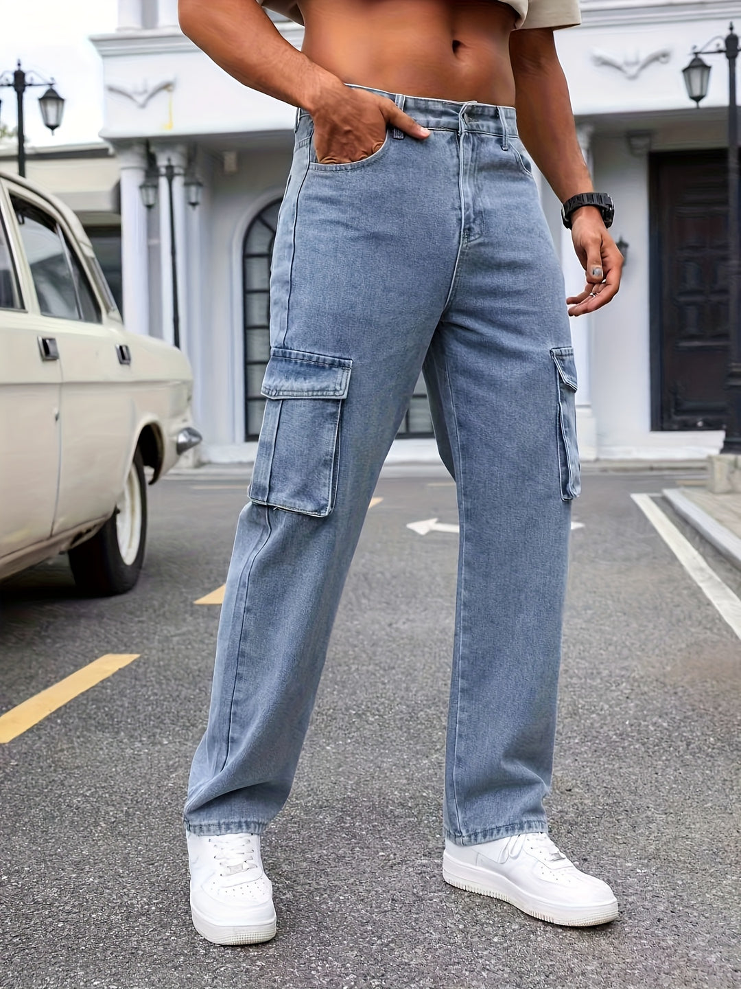 Denim | Men's Light Blue Relaxed Cargo Jeans