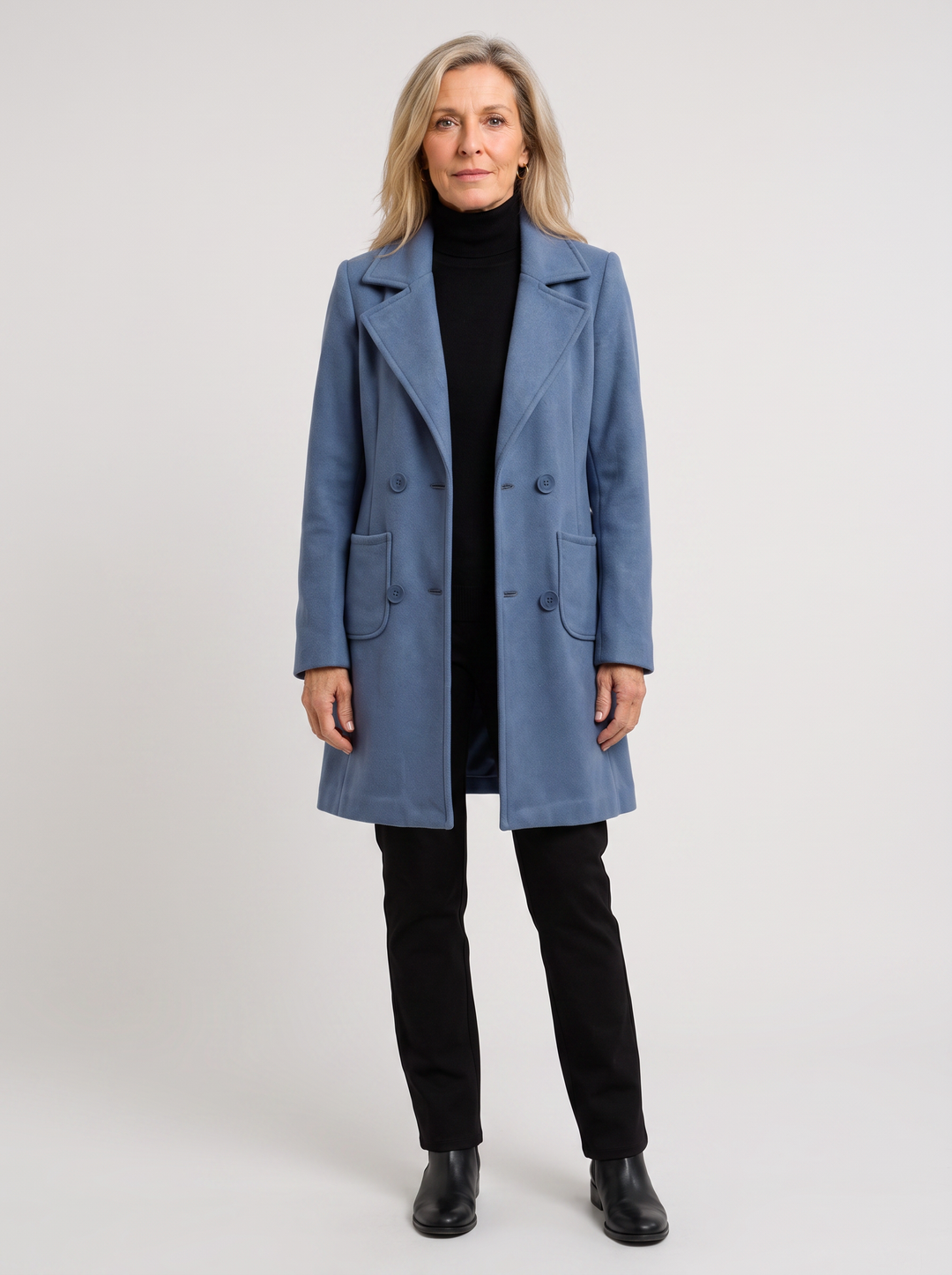 Nadine | Women's Tailored Wool Coat, worn by a model, full-length studio photo