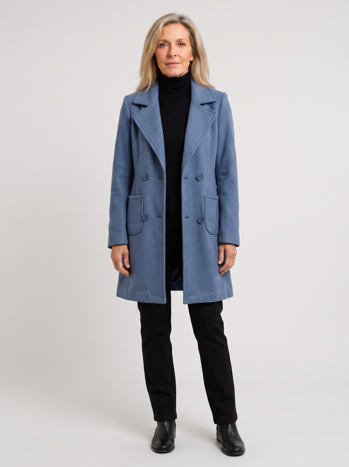 Nadine | Women's Tailored Wool Coat, worn by a model, full-length studio photo