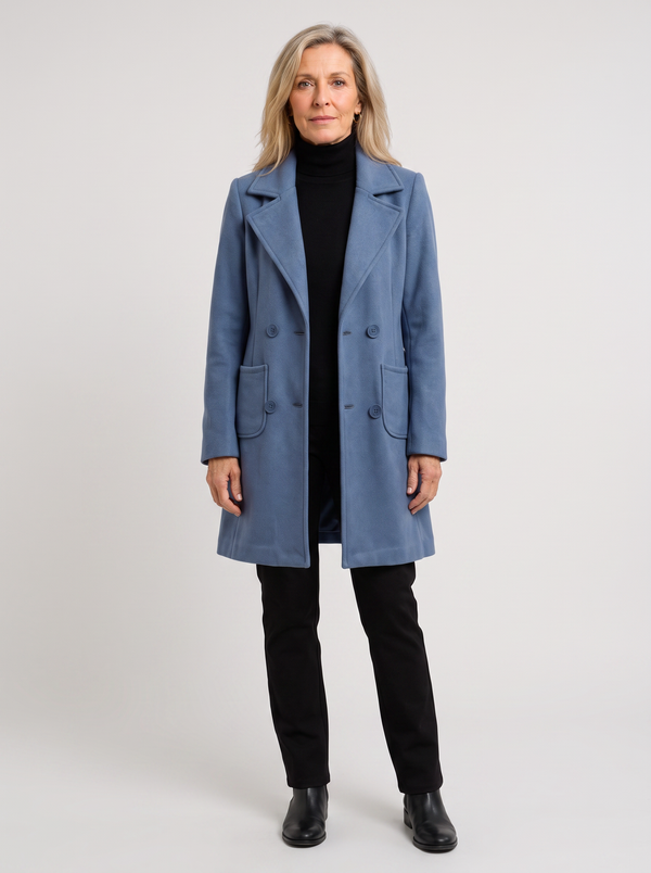 Nadine | Women's Tailored Wool Coat, worn by a model, full-length studio photo