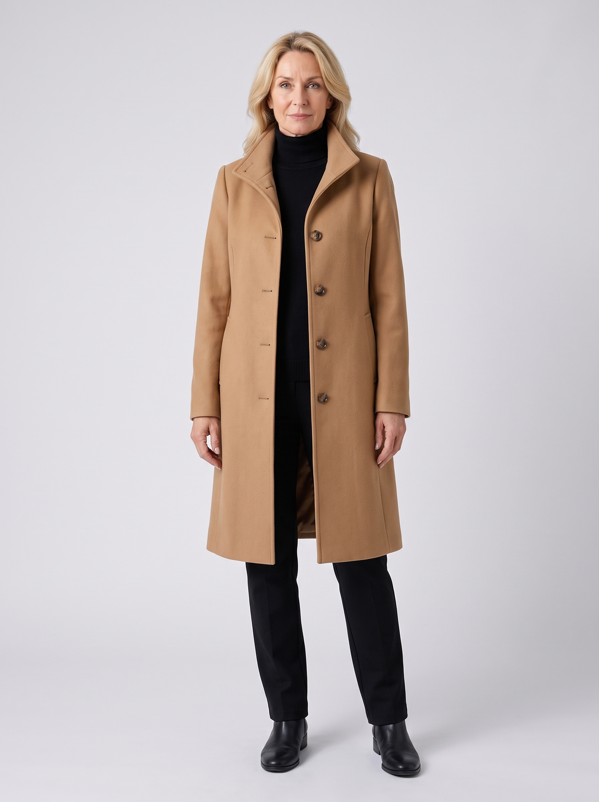 Audrey | Women's Timeless Wool Overcoat in camel, worn by a model, full-length studio photo