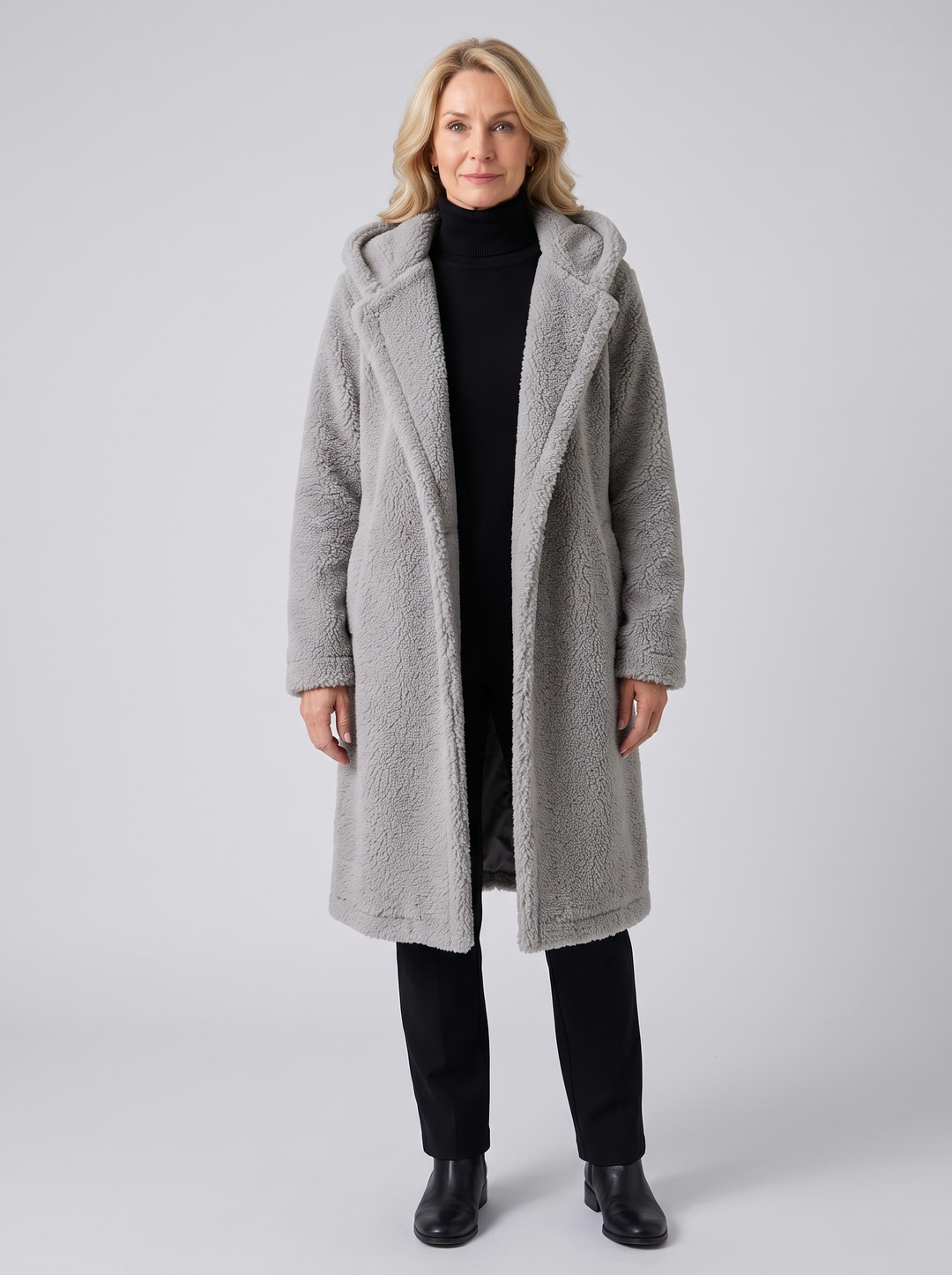 Roxanne | Women's Long Teddy Coat, worn by a model, full-length studio photo