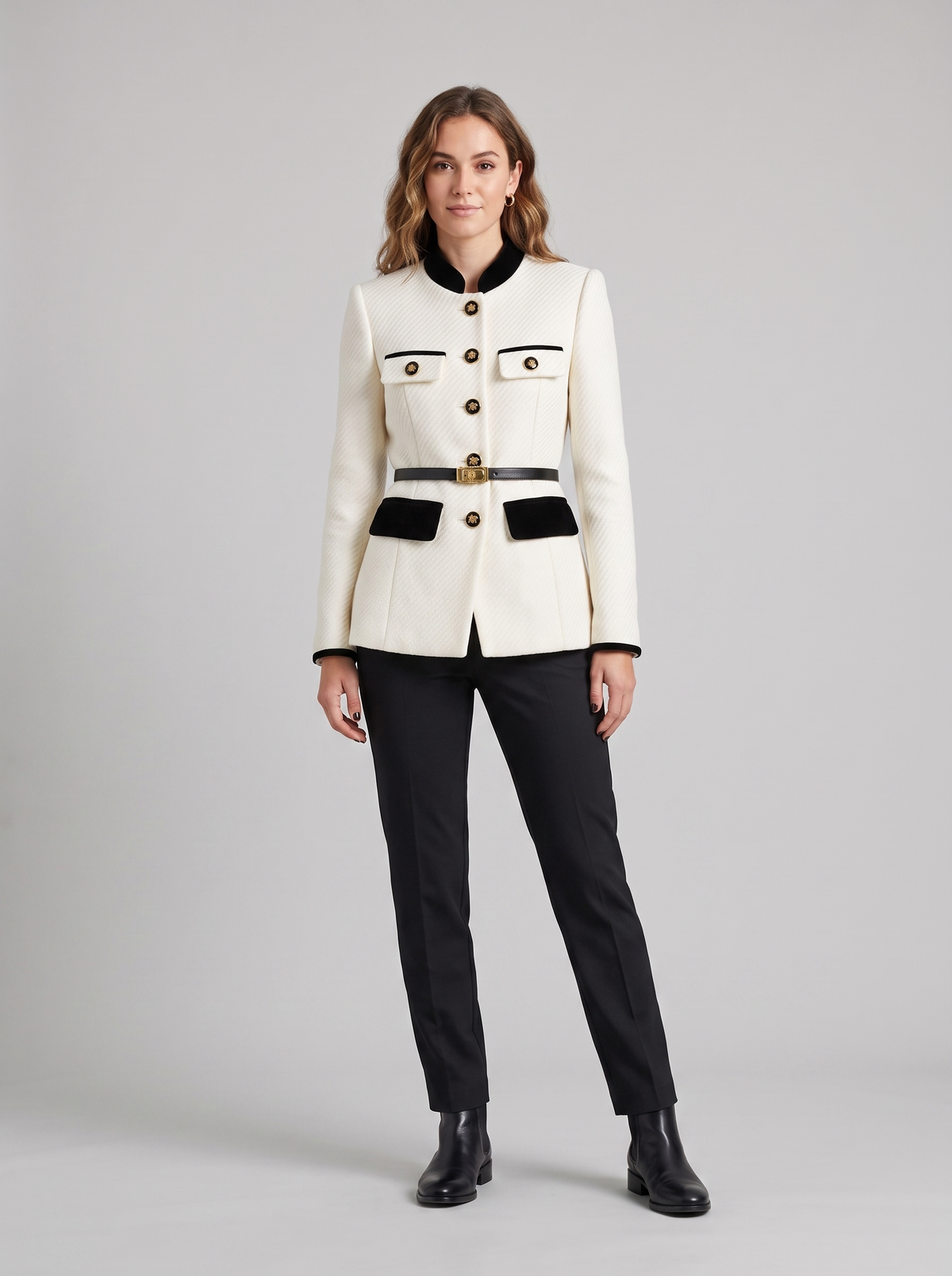 Georgina | Women's Tailored Contrast Jacket in cream and black, worn by a model, full-length studio photo