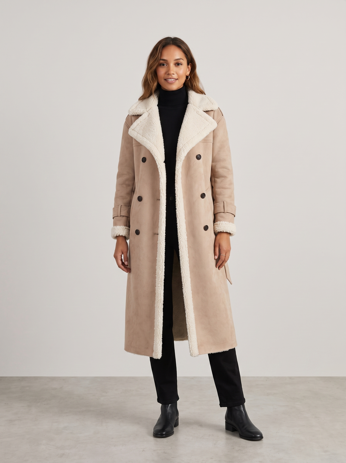 Yvette | Women's Teddy-Lined Trench Coat in beige, worn by a model, full-length studio photo