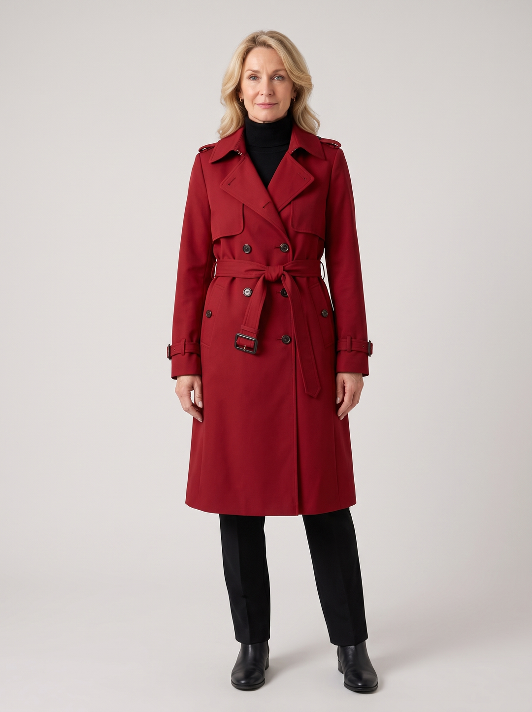 Natalia | Women's Classic Long Trench Coat in red, worn by a model, full-length studio photo