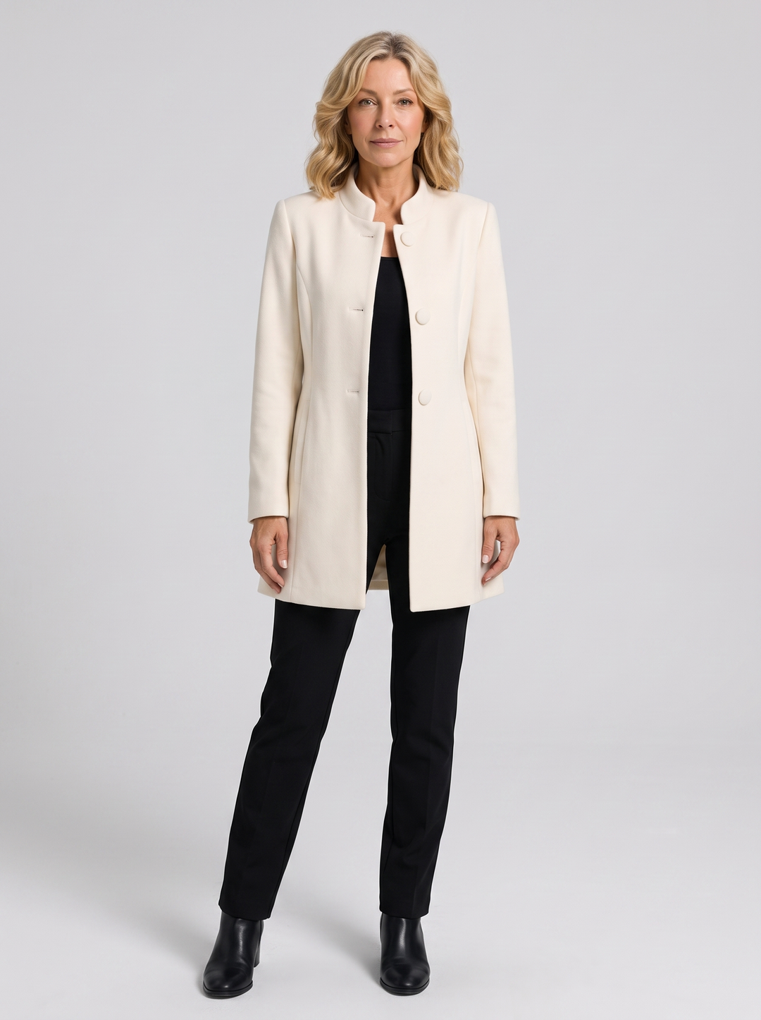 Marilyn | Women's Elegant Tailored Jacket in cream, worn by a model, full-length studio photo
