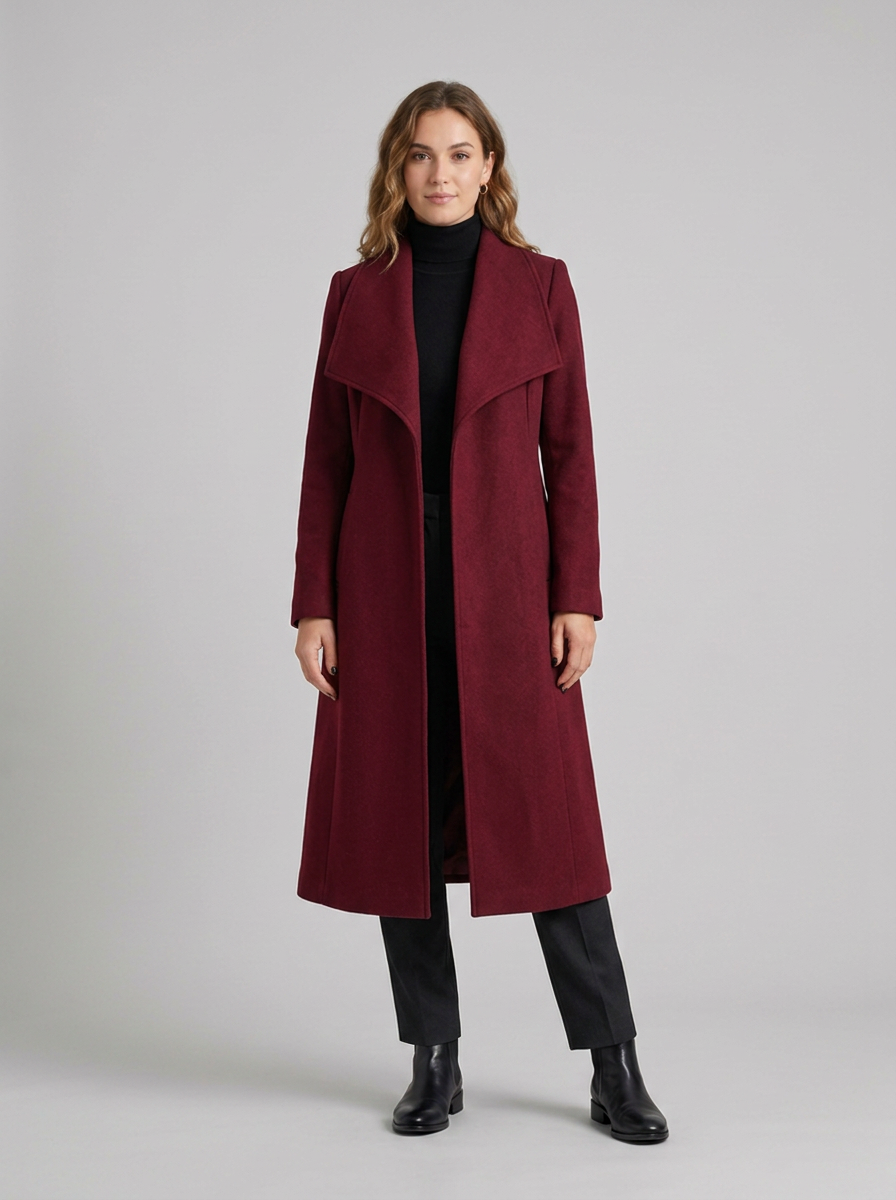 Louisa | Women's Elegant Long Coat in burgundy, worn by a model, full-length studio photo