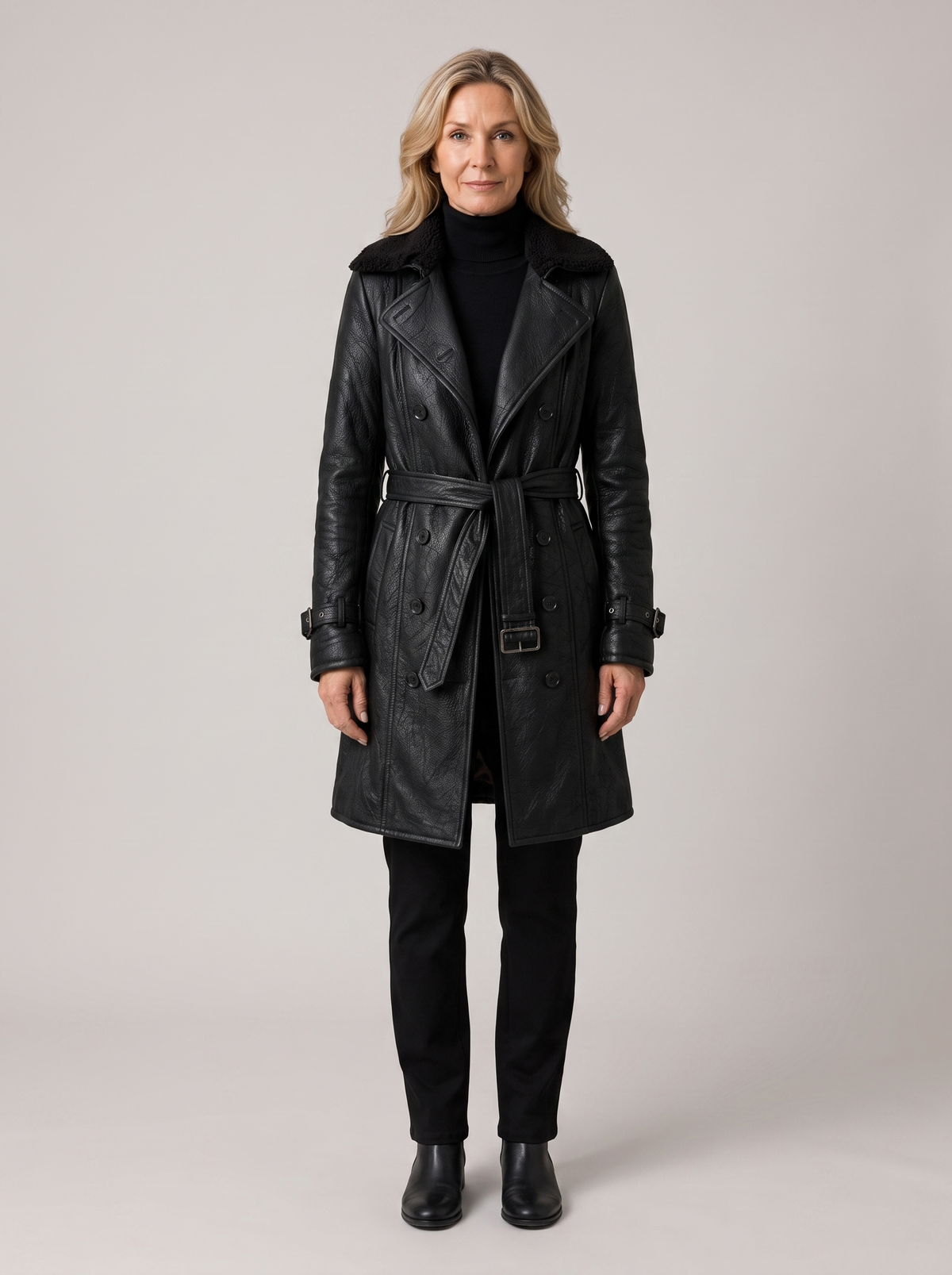 Alexandra | Women's Classic Trench Coat in black, worn by a model, full-length studio photo