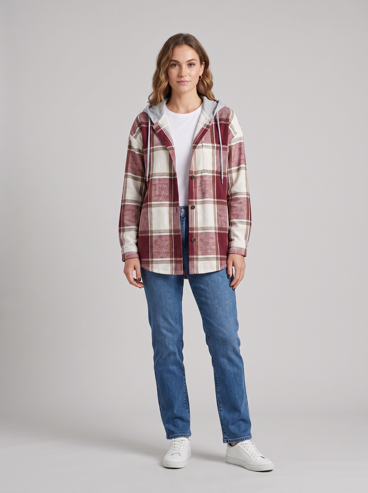 Kendra | Women's Hooded Plaid Autumn Jacket, worn by a model, full-length studio photo