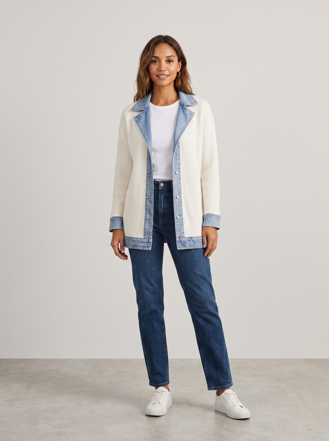 Kristen | Women's Knit Denim Autumn Jacket, worn by a model, full-length studio photo