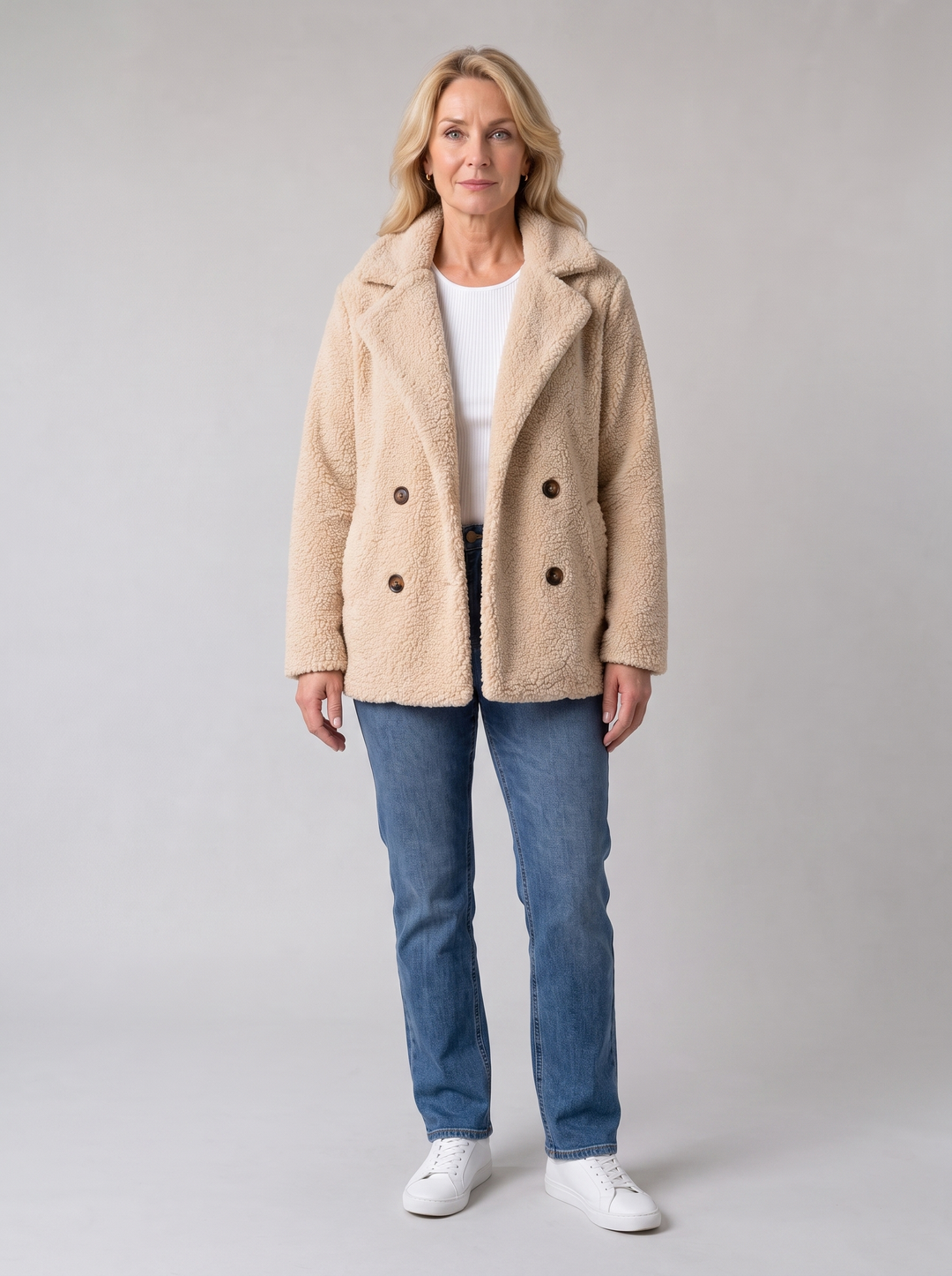 Holly | Women's Plush Teddy Coat in cream, worn by a model, full-length studio photo
