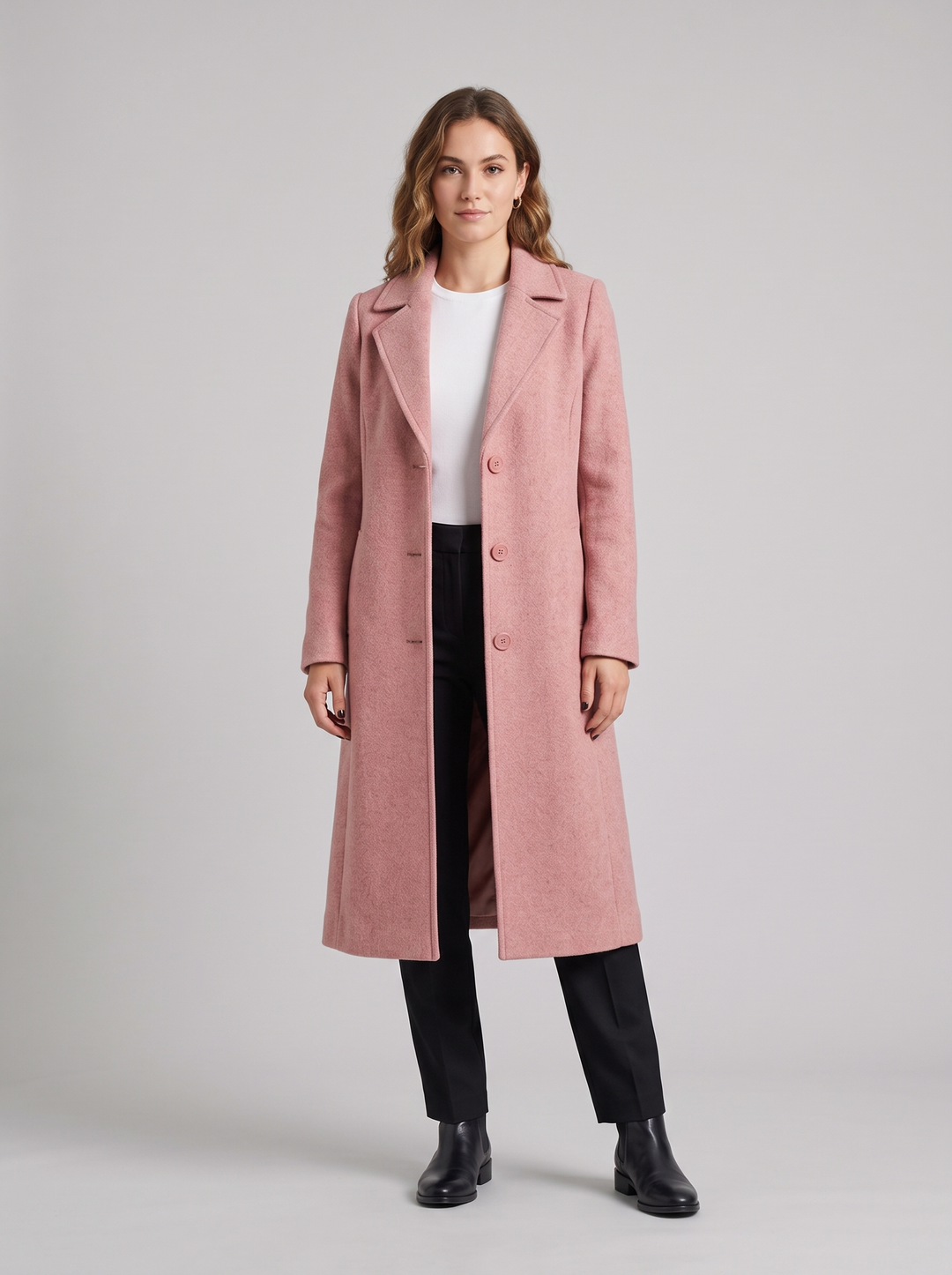 Melanie | Women's Timeless Button Coat in pink, worn by a model, full-length studio photo