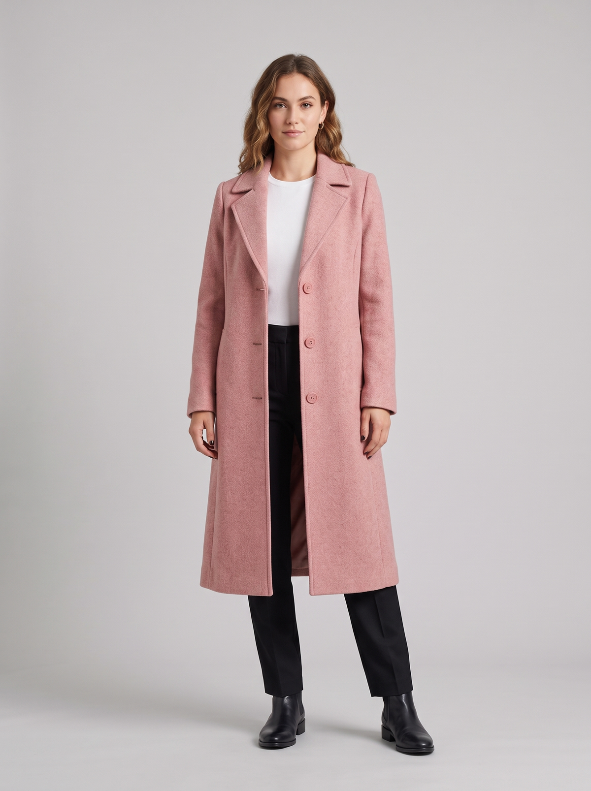 Melanie | Women's Timeless Button Coat in pink, worn by a model, full-length studio photo