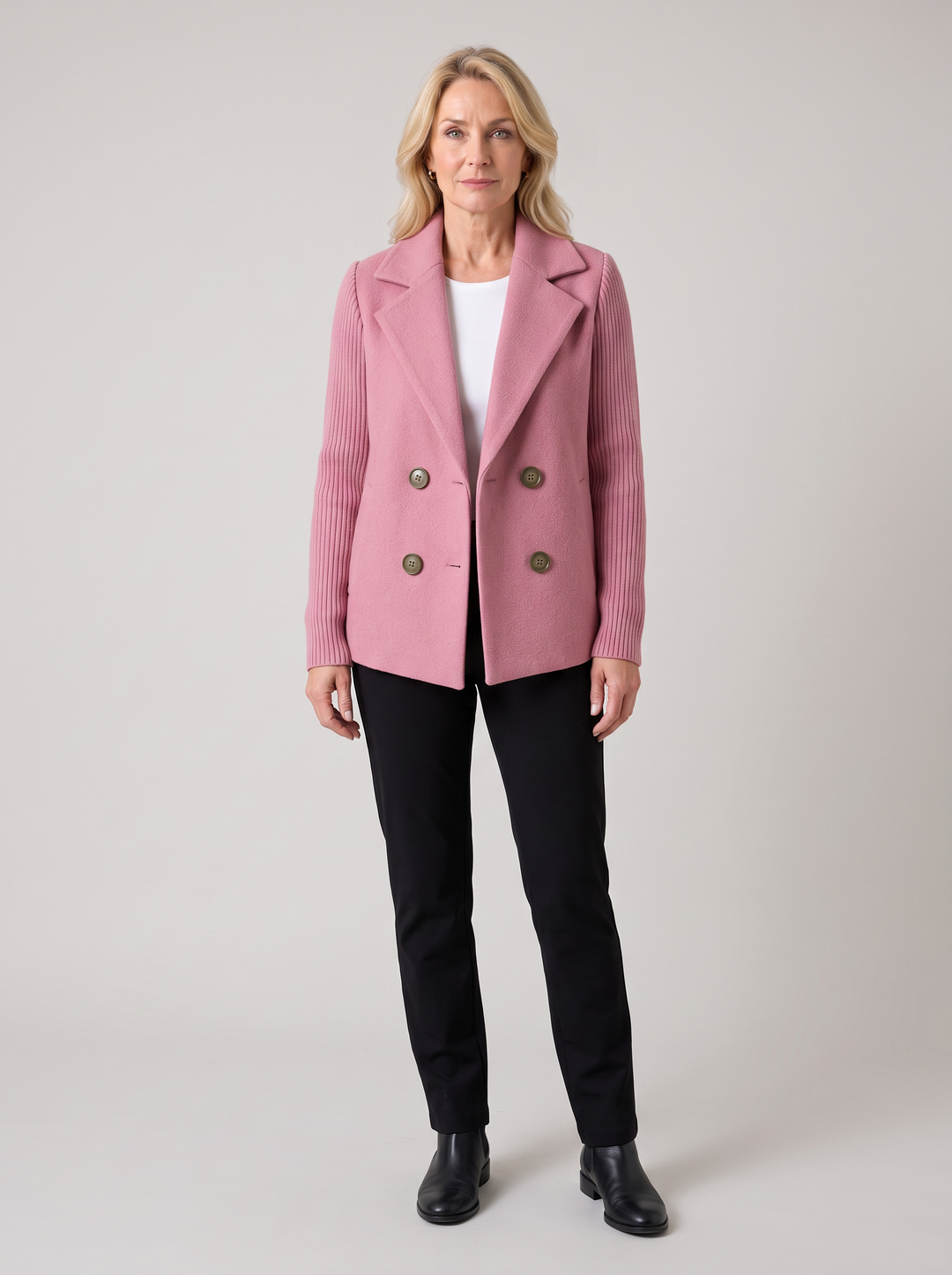 Caroline | Women's Knit Sleeve Blazer Coat in pink, worn by a model, full-length studio photo