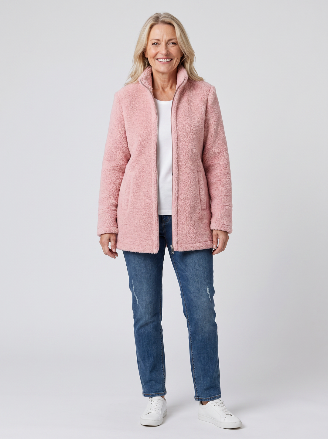 Susan | Women's Cozy Fleece Jacket in pink, worn by a model, full-length studio photo