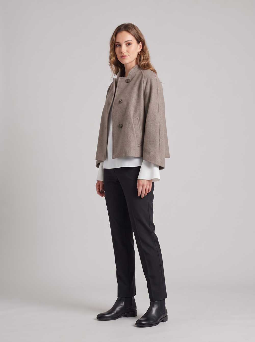 Lauren | Women's Cozy Cropped Autumn Jacket, side three-quarter view, studio photo