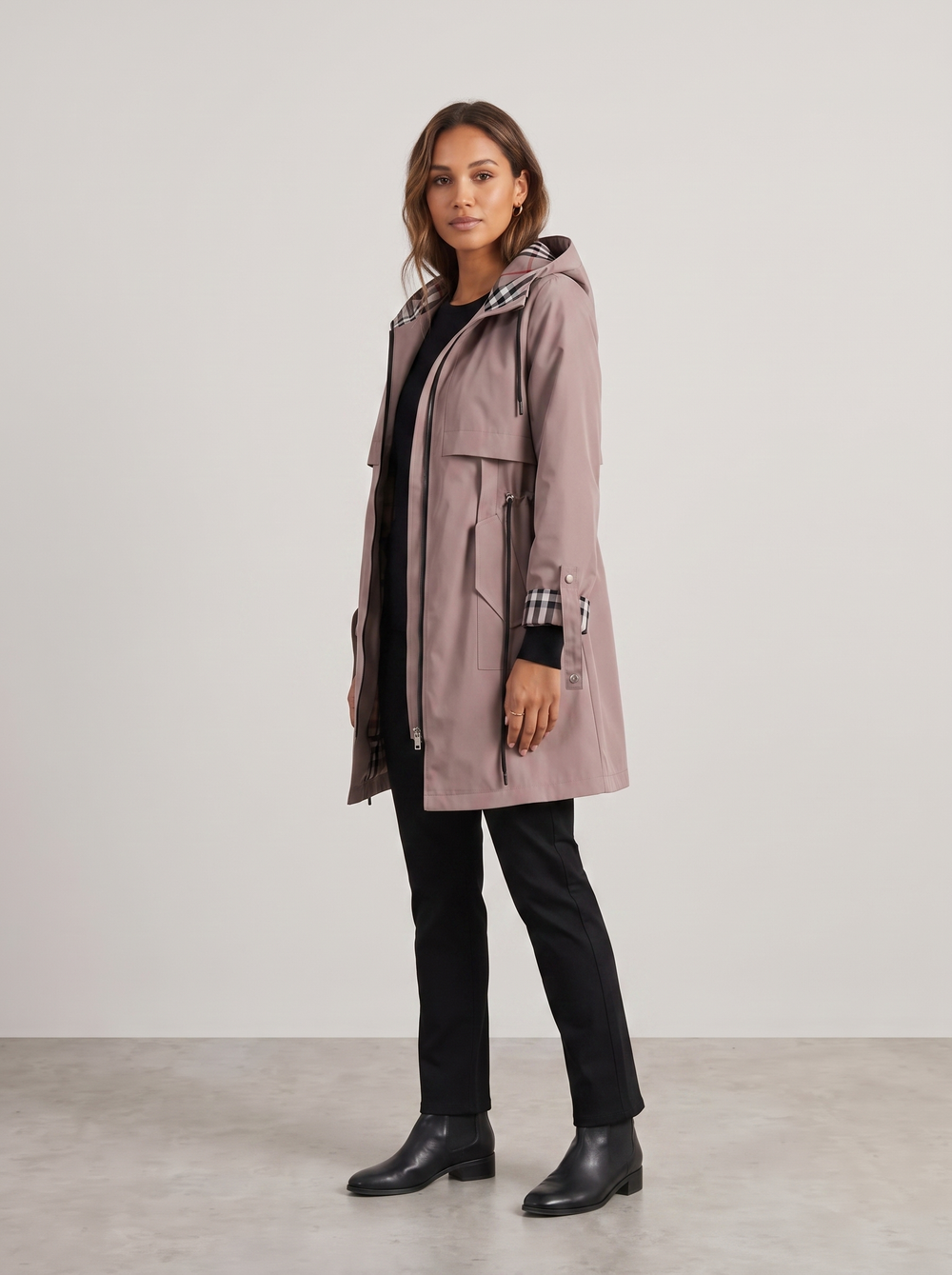 Yvonne | Women's Hooded Zip Coat, side three-quarter view, studio photo