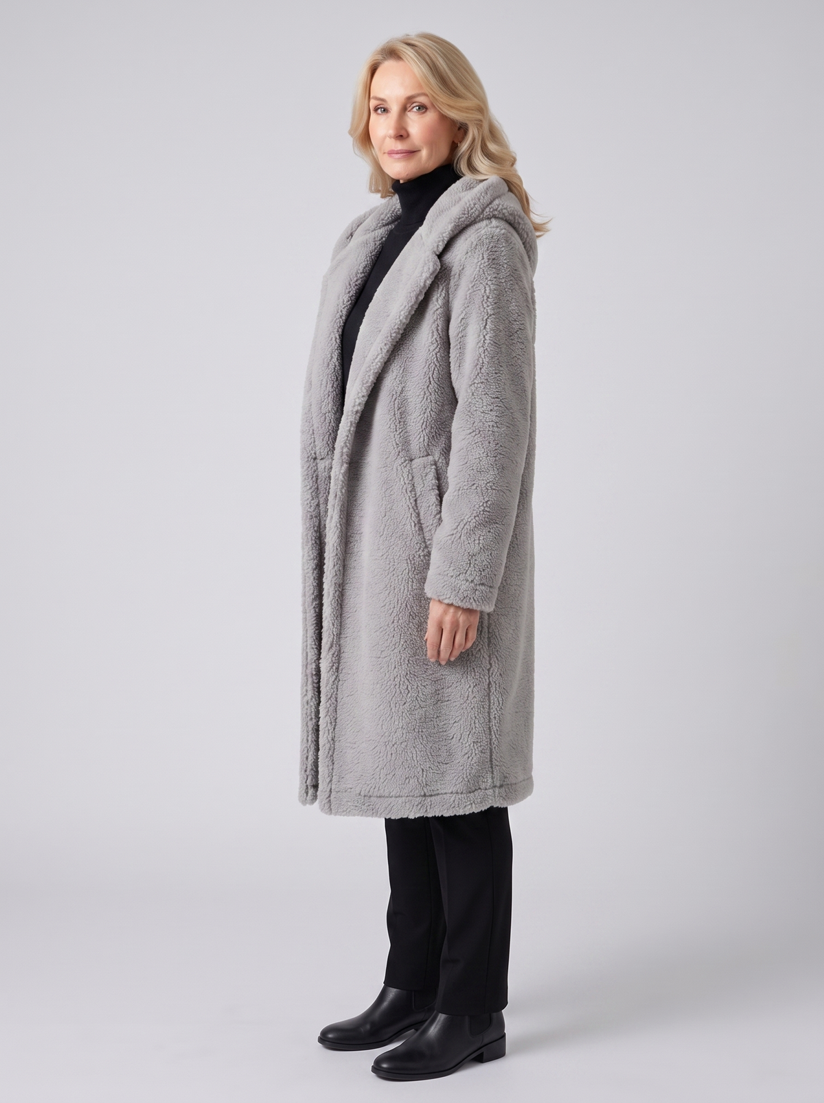 Roxanne | Women's Long Teddy Coat, side three-quarter view, studio photo