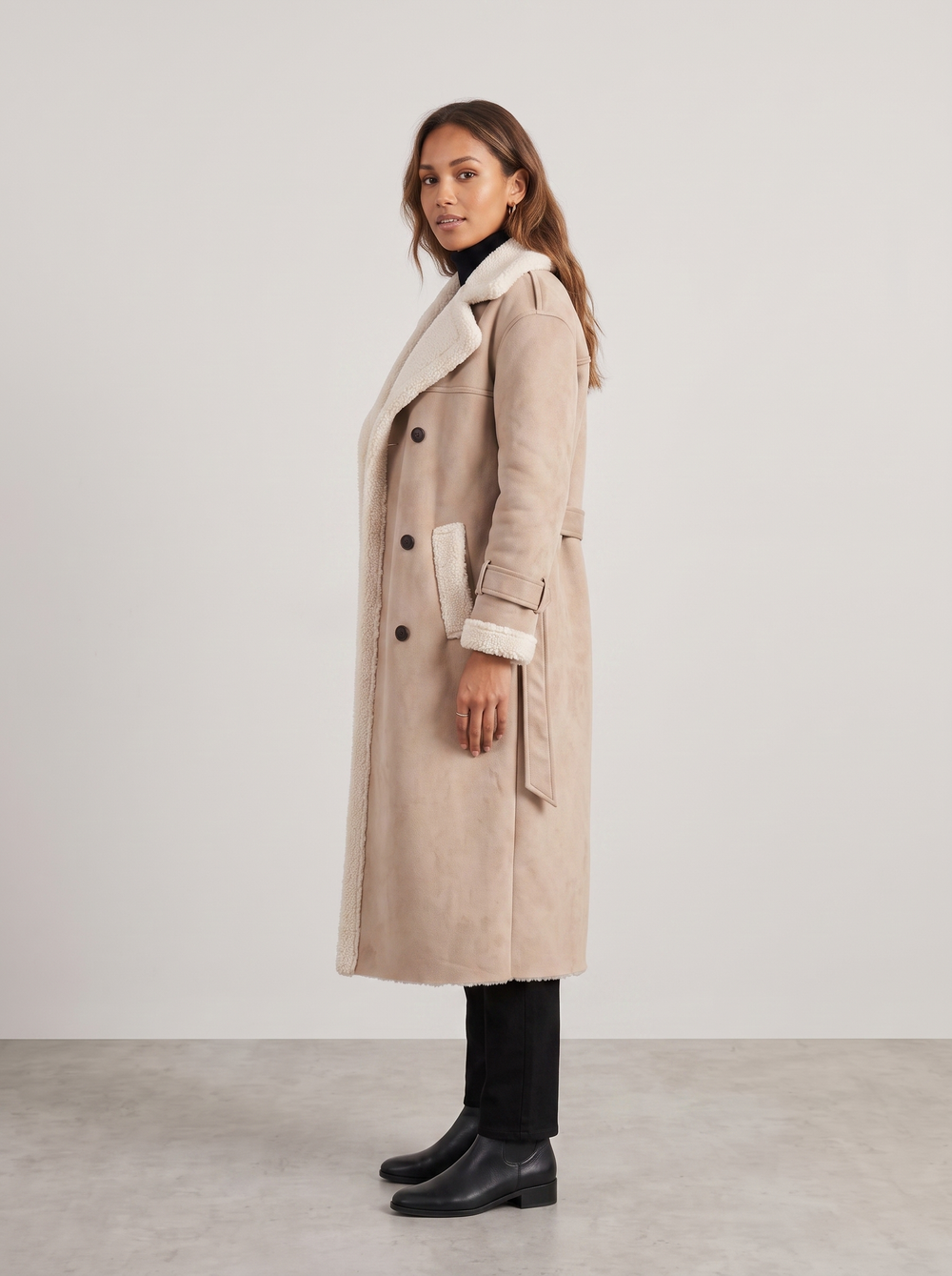 Yvette | Women's Teddy-Lined Trench Coat, side three-quarter view, studio photo