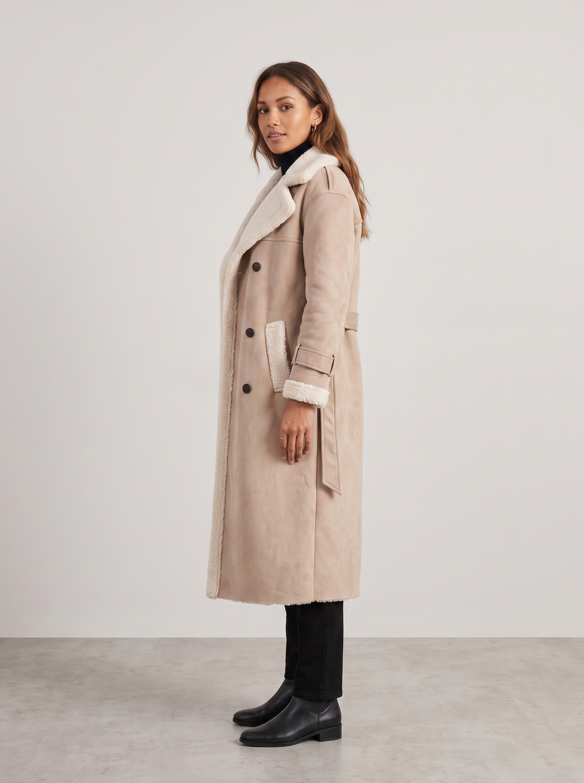Yvette | Women's Teddy-Lined Trench Coat, side three-quarter view, studio photo