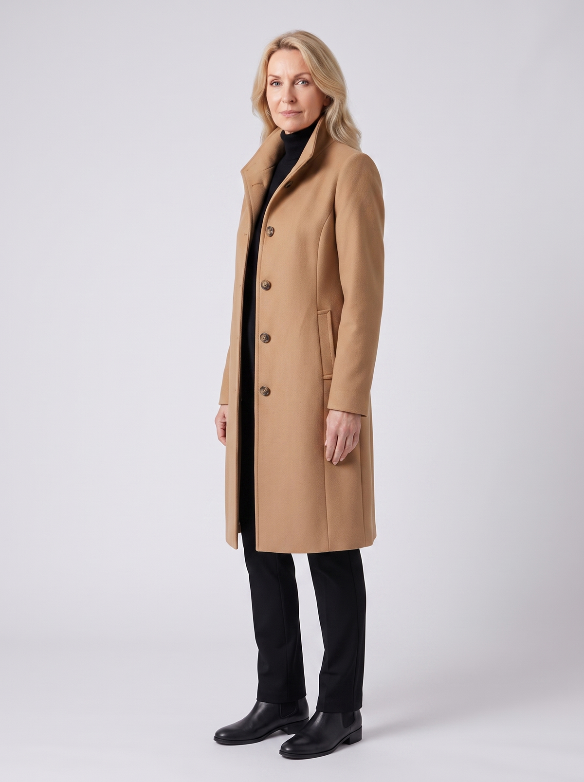 Audrey | Women's Timeless Wool Overcoat in camel, side three-quarter view, studio photo