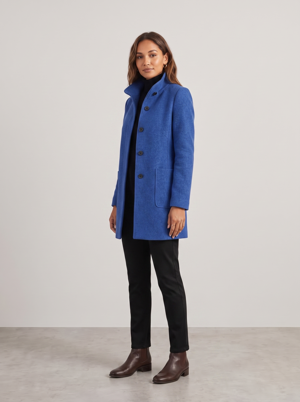 Janet | Women's Timeless Wool Blend Overcoat, side three-quarter view, studio photo