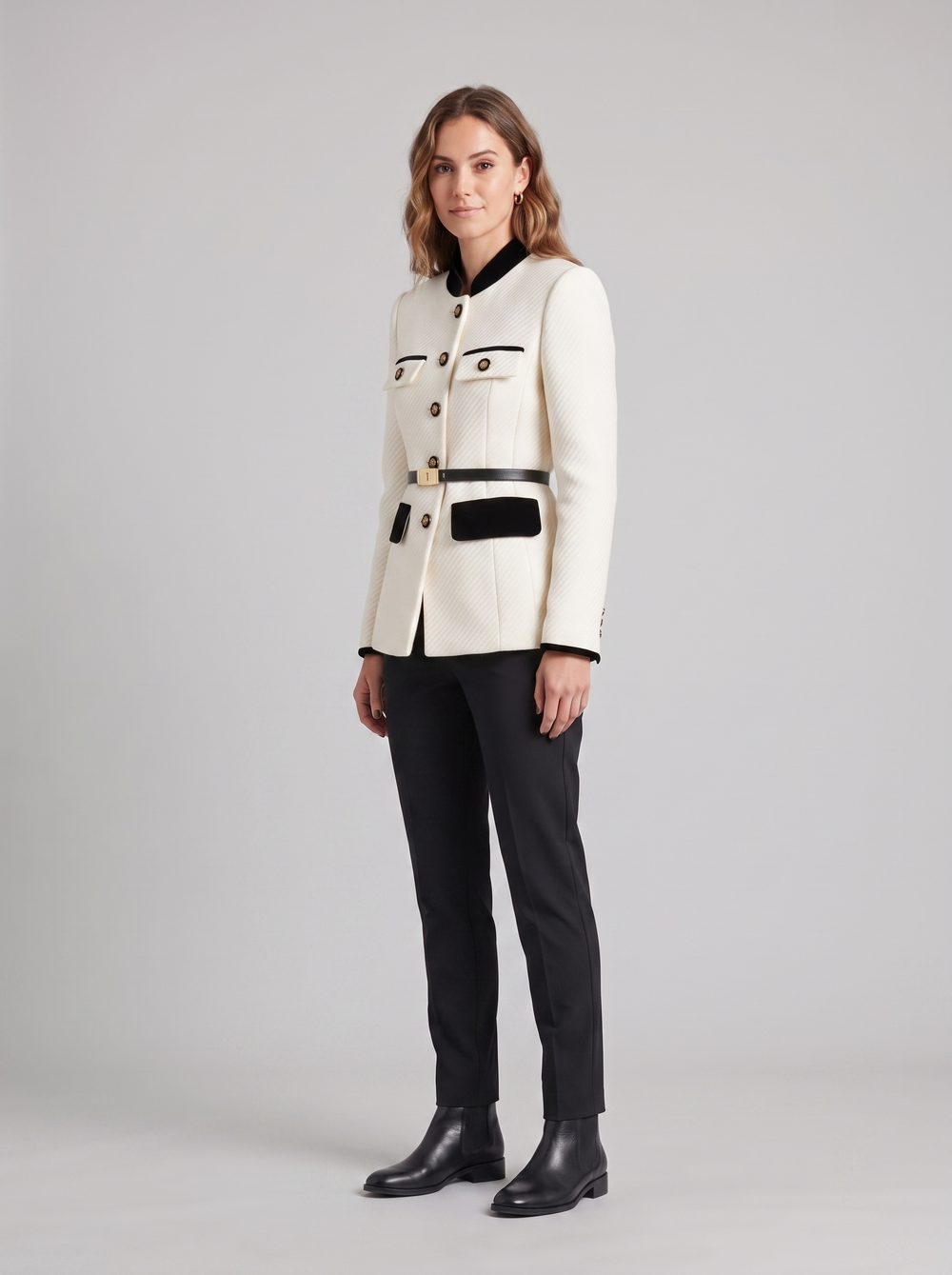 Georgina | Women's Tailored Contrast Jacket, side three-quarter view, studio photo