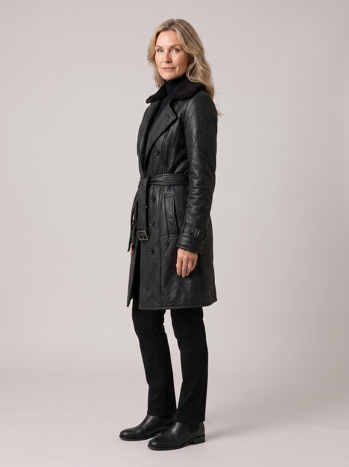 Alexandra | Women's Classic Trench Coat, side three-quarter view, studio photo