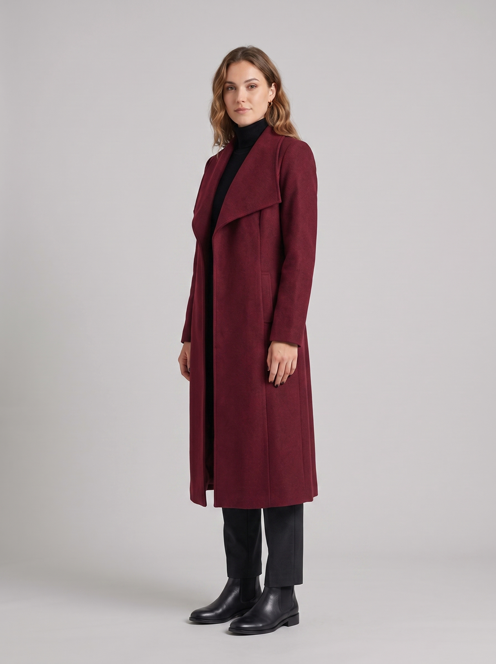 Louisa | Women's Elegant Long Coat, side three-quarter view, studio photo
