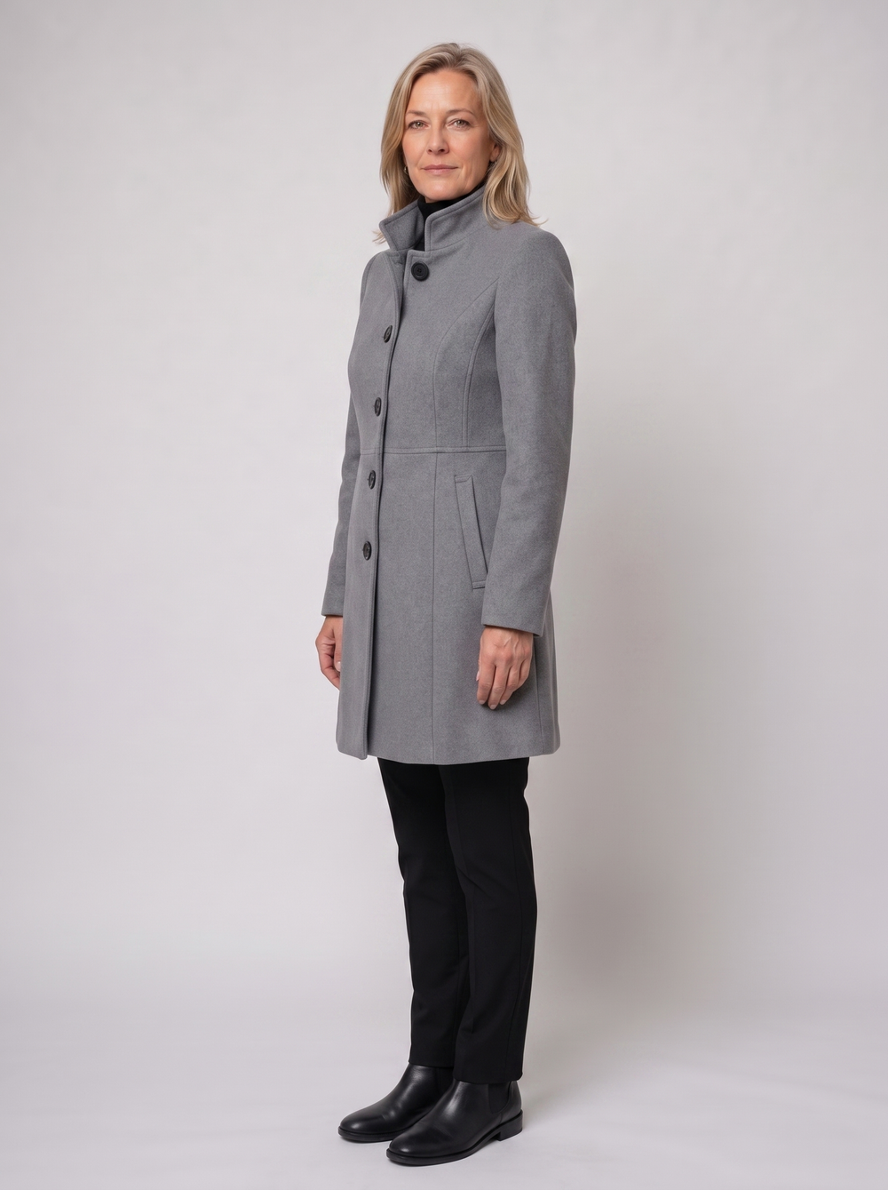 Lenora | Women's Classic Fit & Flare Coat, side three-quarter view, studio photo