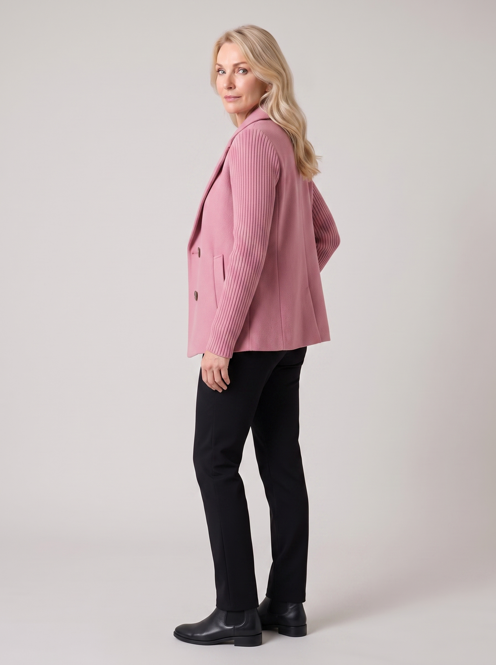 Caroline | Women's Knit Sleeve Blazer Coat, side three-quarter view, studio photo