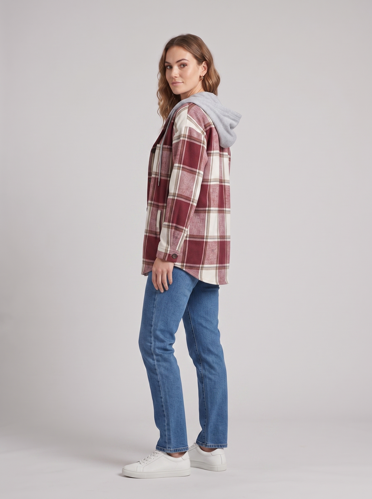 Kendra | Women's Hooded Plaid Autumn Jacket, side three-quarter view, studio photo