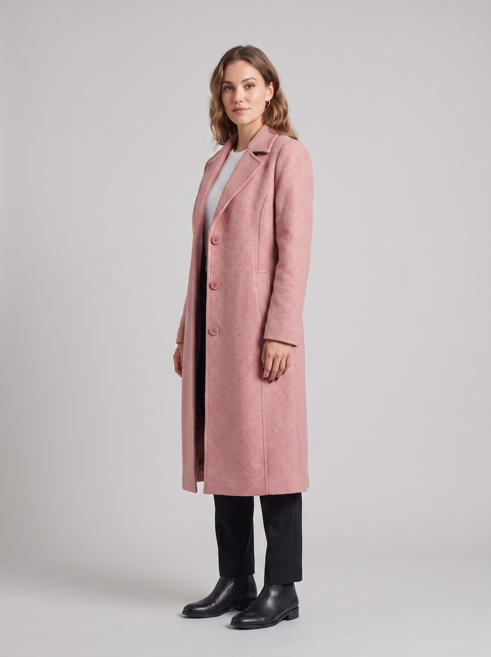 Melanie | Women's Timeless Button Coat, side three-quarter view, studio photo