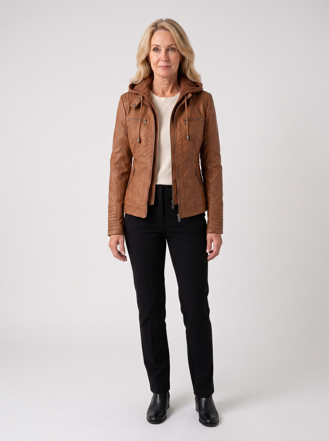 Diane | Women's Leather Jacket with Hood in light brown, worn by a model, full-length studio photo