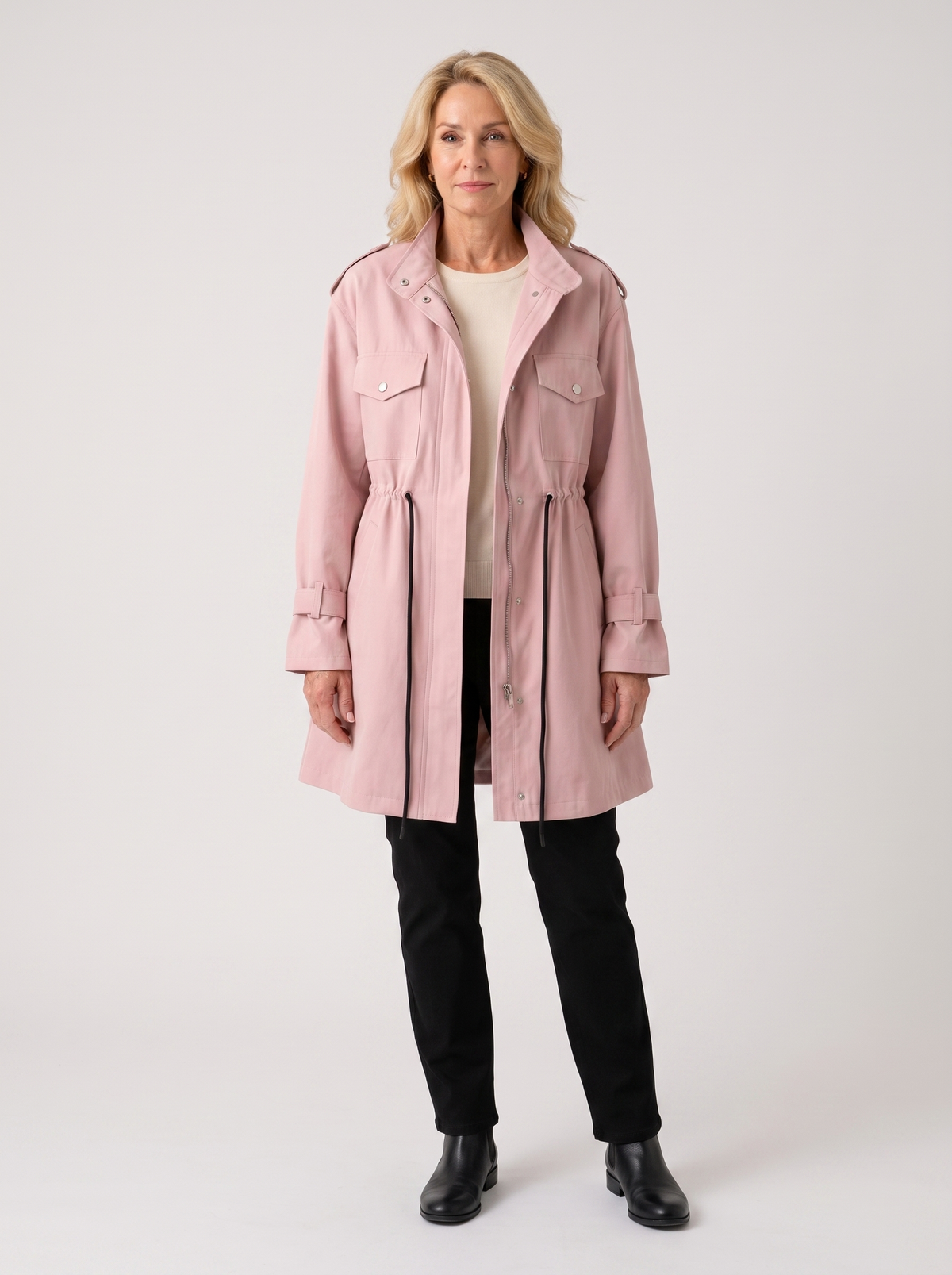 Meredith | Women's Custom-Fit Wool Blend Overcoat in pink, worn by a model, full-length studio photo