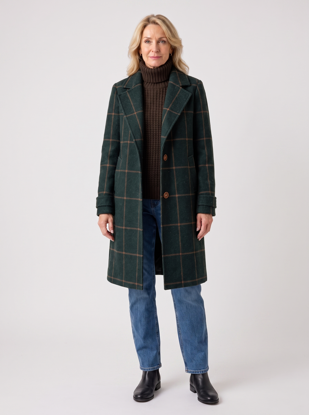 Bethany | Women's Timeless Checkered Overcoat in green, worn by a model, full-length studio photo