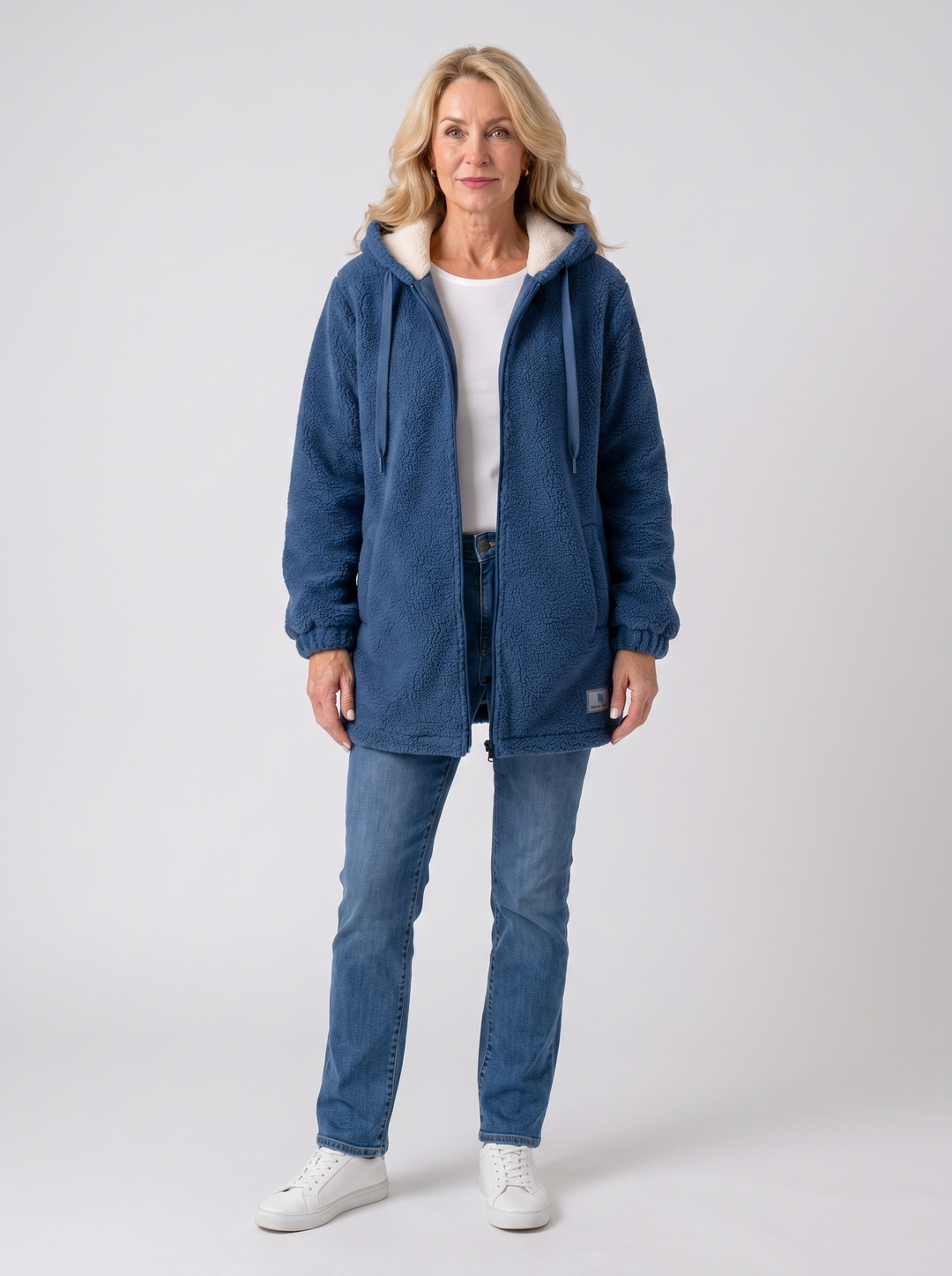 Wendy | Women's Soft Fleece Hooded Jacket in blue, worn by a model, full-length studio photo