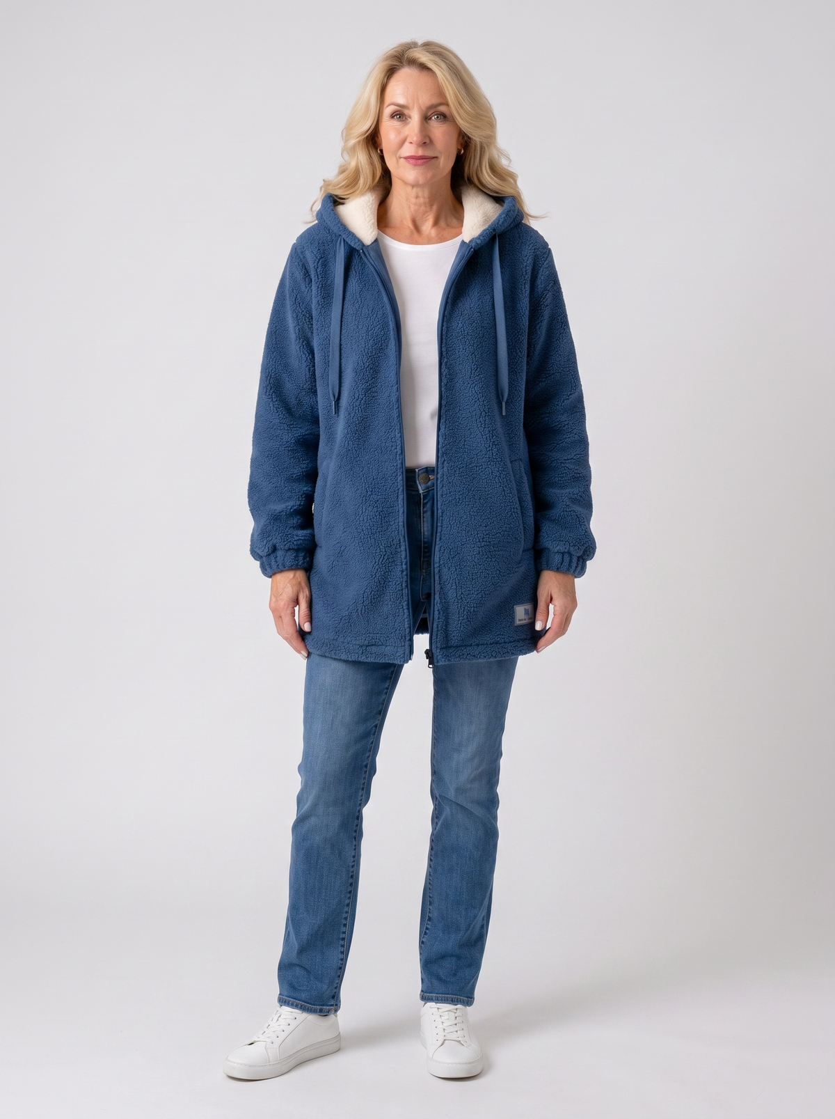 Wendy | Women's Soft Fleece Hooded Jacket in blue, worn by a model, full-length studio photo