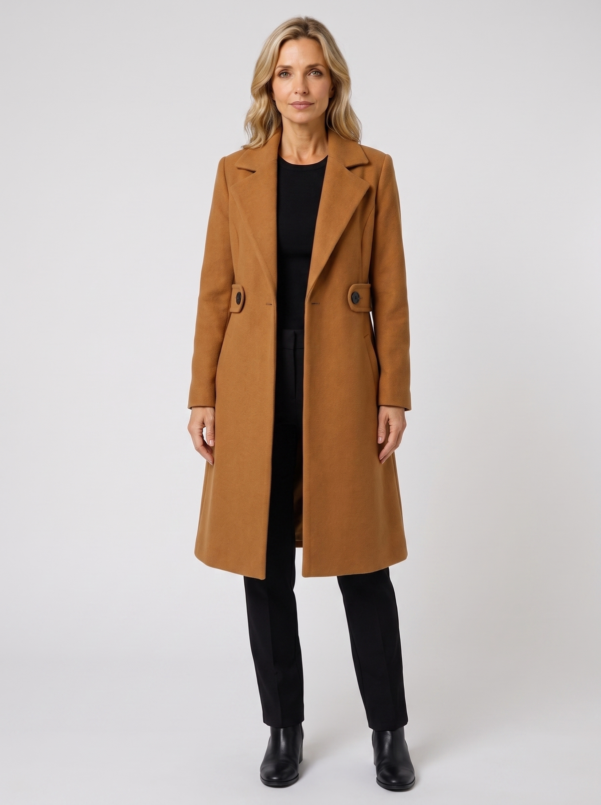 Lucinda | Women's Elegant Long Coat in camel, worn by a model, full-length studio photo