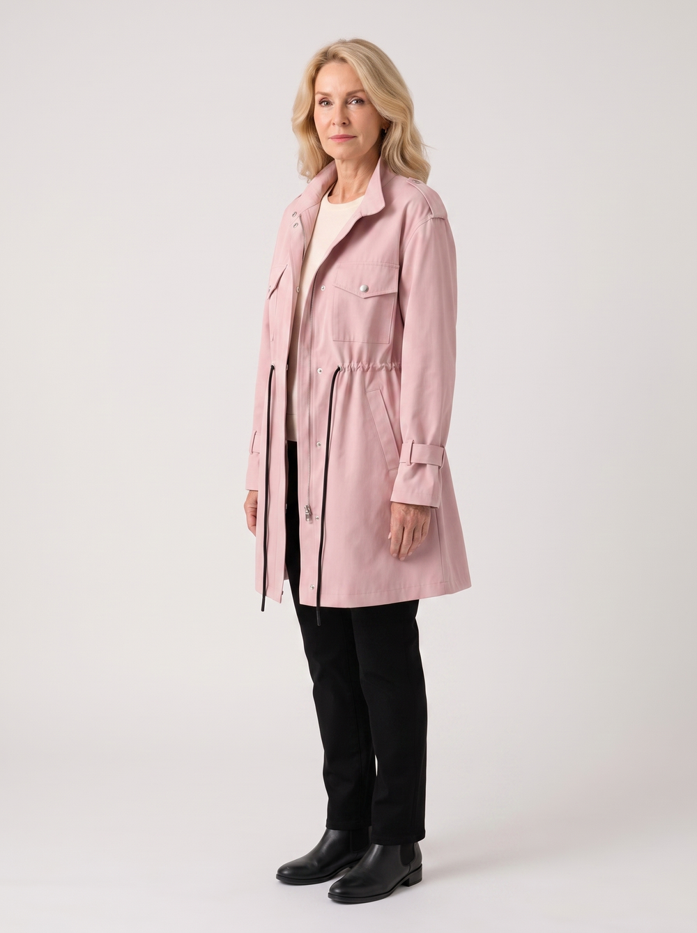 Meredith | Women's Custom-Fit Wool Blend Overcoat, side three-quarter view, studio photo