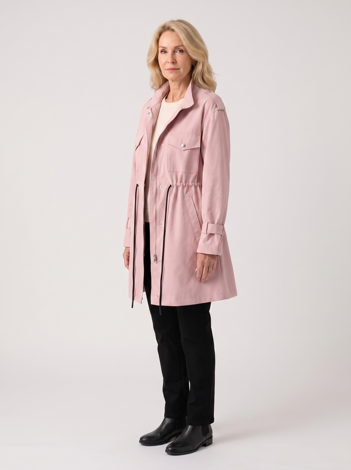 Meredith | Women's Custom-Fit Wool Blend Overcoat, side three-quarter view, studio photo
