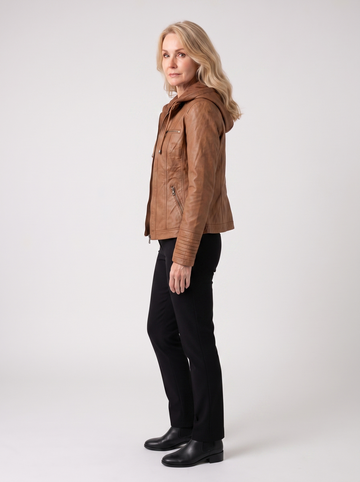 Diane | Women's Leather Jacket with Hood, side three-quarter view, studio photo