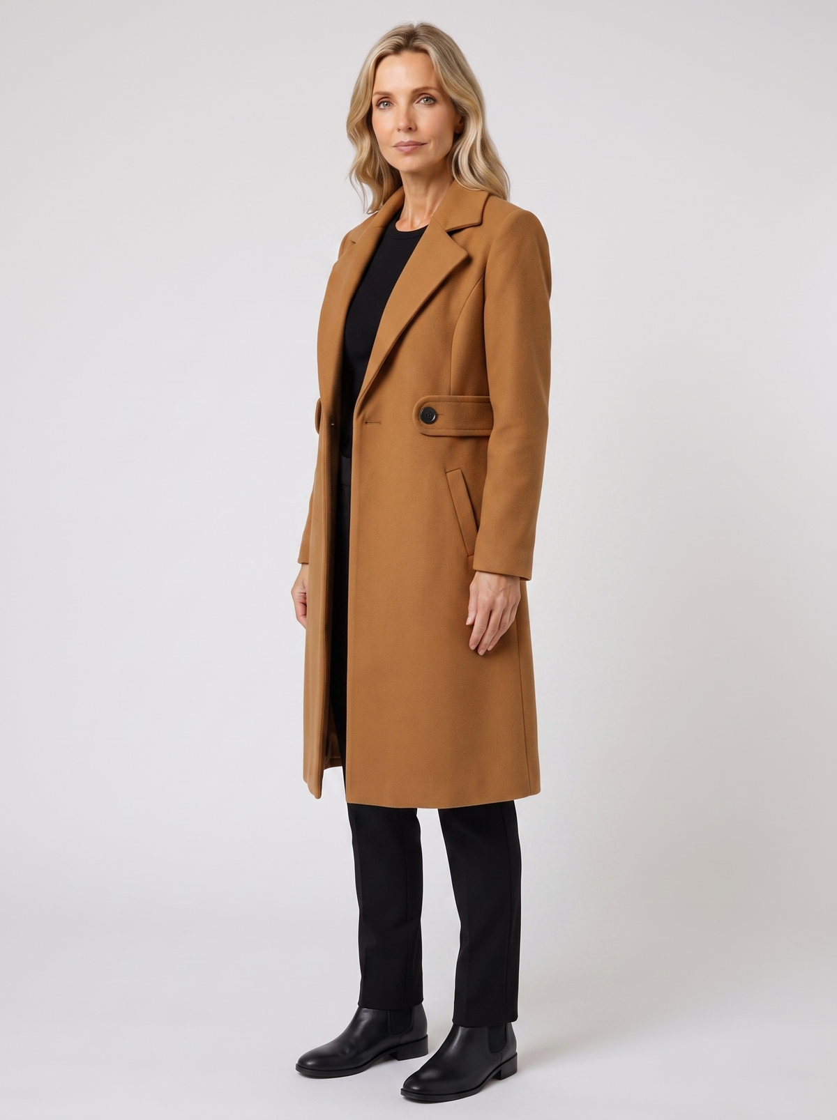 Lucinda | Women's Elegant Long Coat, side three-quarter view, studio photo